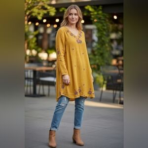 Japana Mustard Floral Embroidered Tunic Top